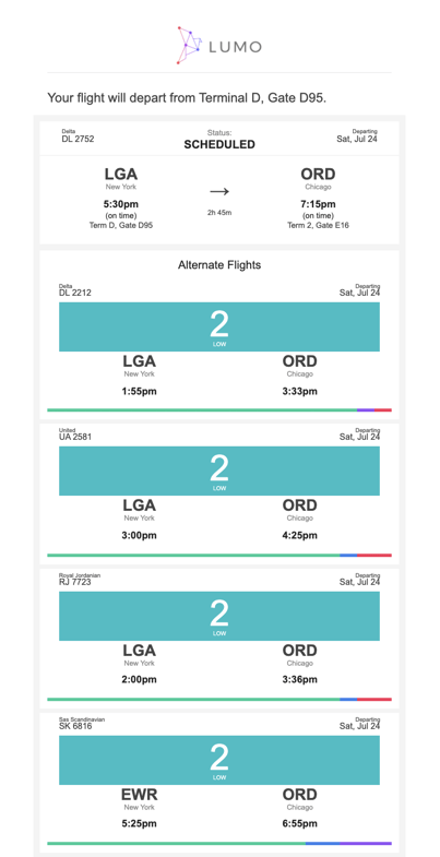 Alert showing departure gate information and listing alternatives.