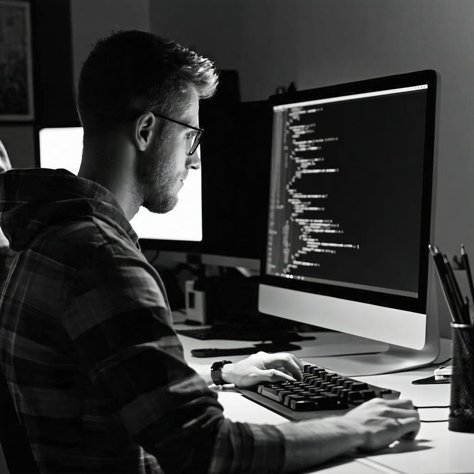 Greyscale image of a coder working at a computer screen with some code on it-1