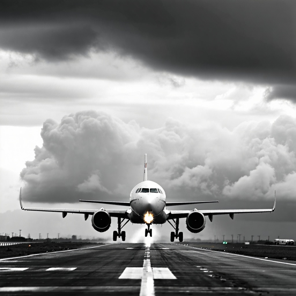 a greyscale image of a plane on a runway with stormy clouds in the background-1