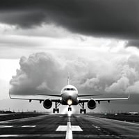 Greyscale image of a plane on a runway