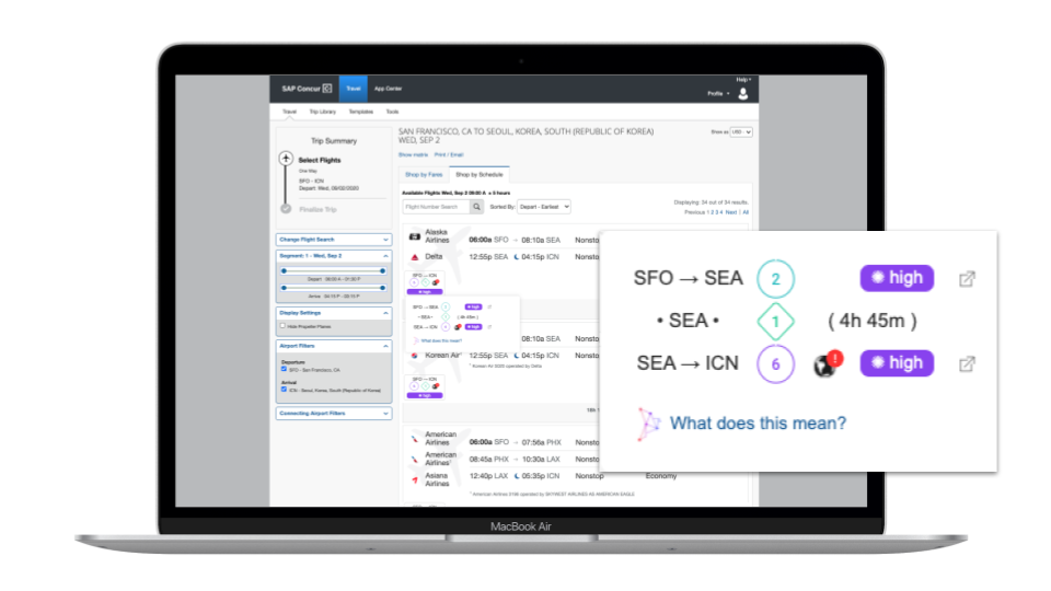 Screenshot of concur booking tool with Lumo data