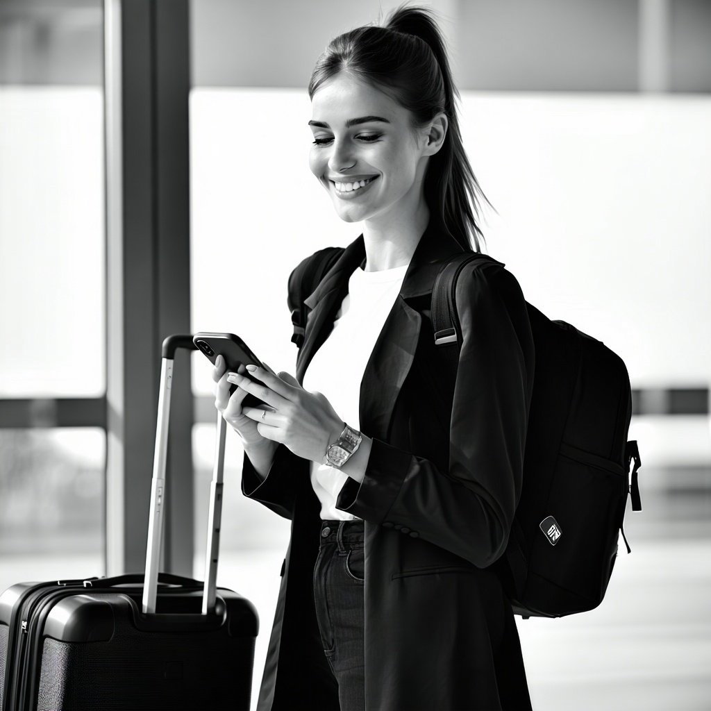 A black and white image of a woman business traveler with luggage looking at her phone smiling-1