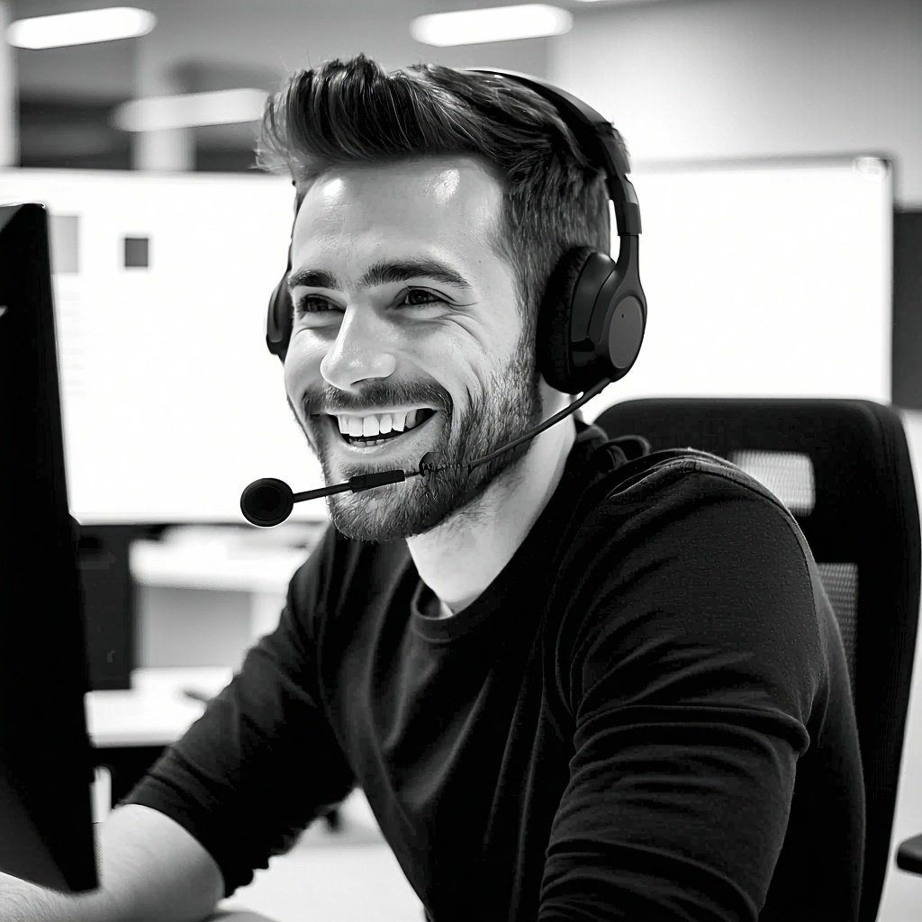 A greyscale image of a male admin assistant wearing a headset at his desk smiling while looking at the computer