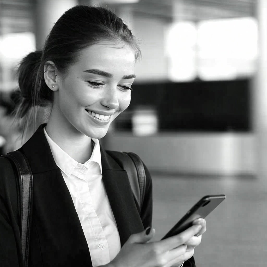 A greyscale image of a woman business traveler at an airport looking at her phone smiling-1