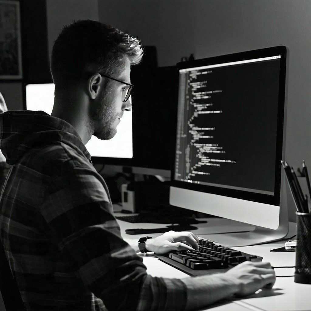 Greyscale image of a coder working at a computer screen with some code on it-1
