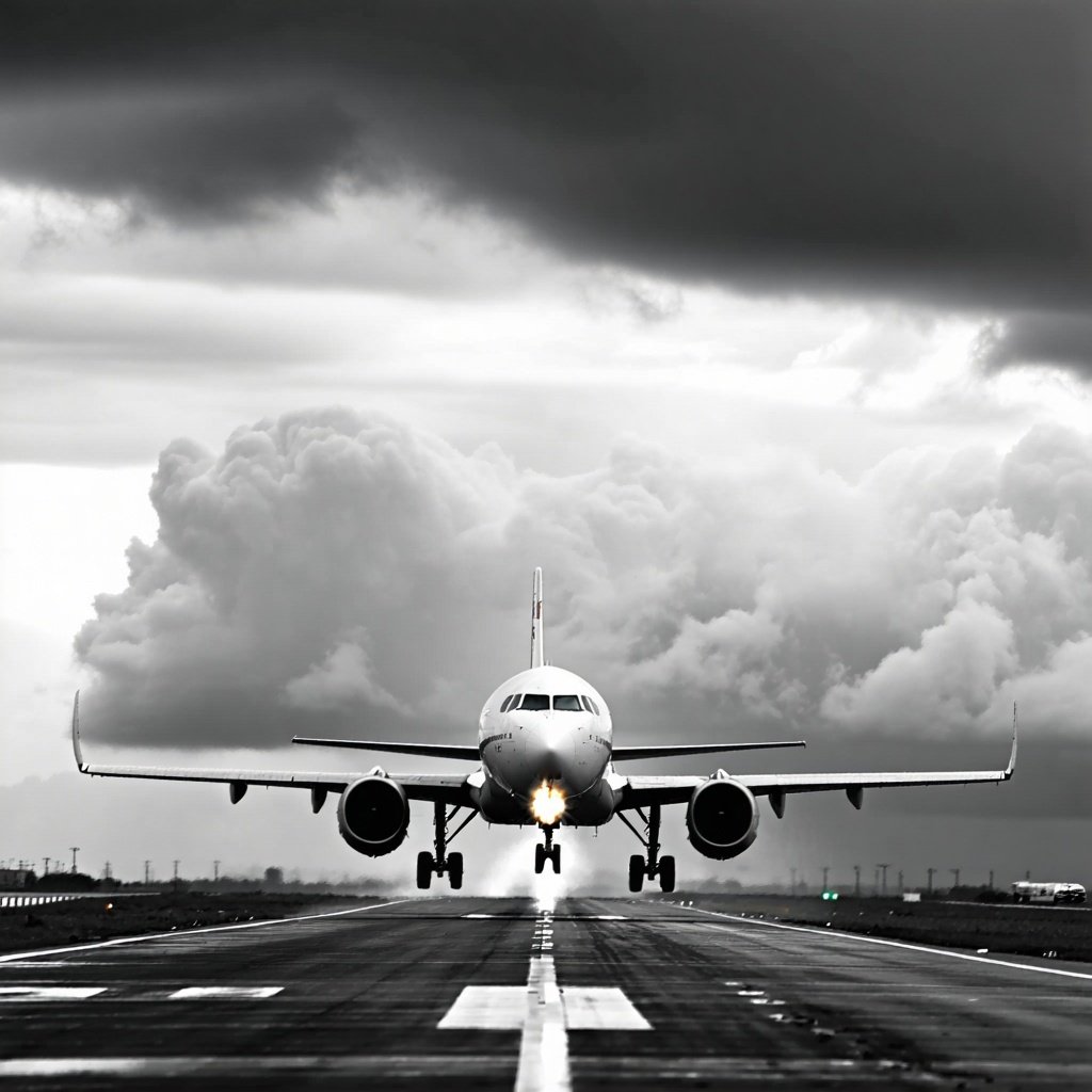 a greyscale image of a plane on a runway with stormy clouds in the background-1