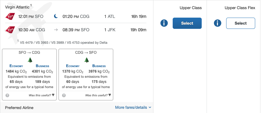 Lumo card with CO2 emissions displayed over concur search results showing business and economy emissions