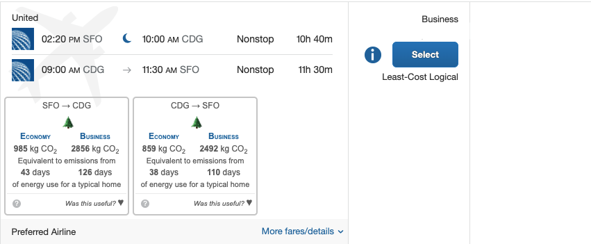 Lumo card with CO2 emissions displayed over concur search results showing business and economy emissions